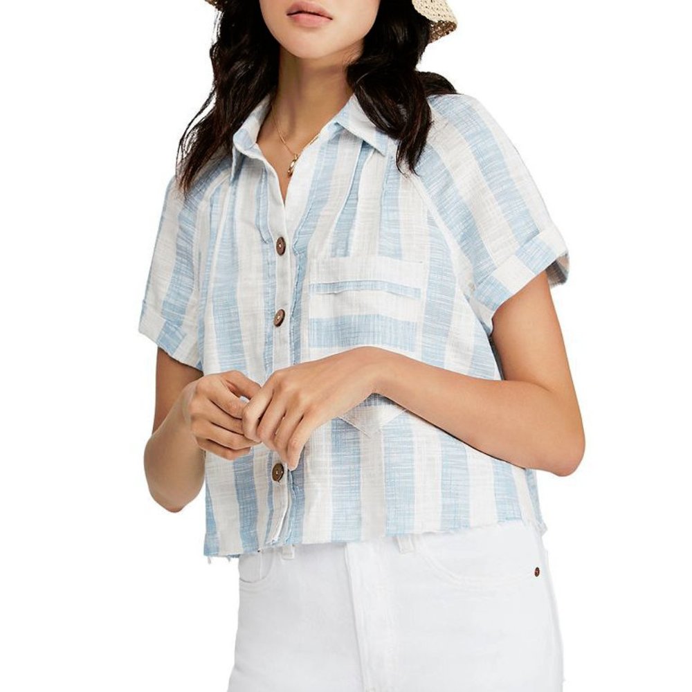 We the Free Away at Sea White Blue Striped Cropped Frayed Shirt L